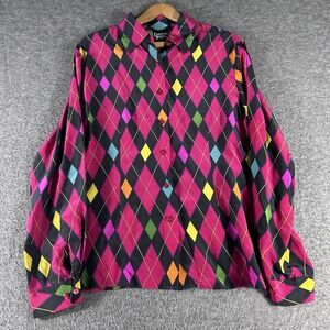 Women's Hot Pink Argyle Silk Long Sleeve Blouse Top Academia Colorful Size M/L
